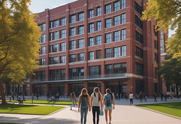 A student happily receiving assistance with visa paperwork at a modern office.