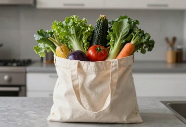 Photography of a canvas grocery bag filled with fresh, healthy vegetables on a clean kitchen counter in a Northern European / Dutch household, symbolizing practical support.