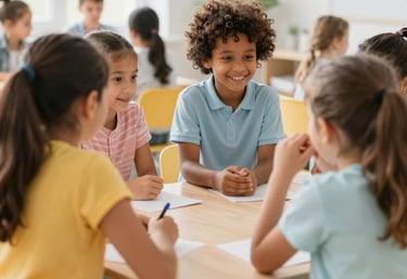 Small group of students collaborating on a hands-on art activity in a bright classroom.