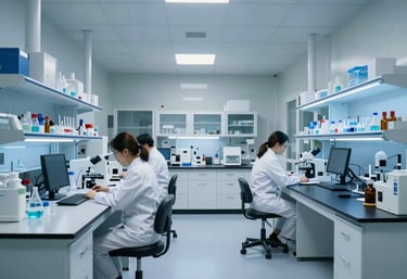 A wide shot of a modern, efficient laboratory environment in a North American research center, featuring sleek white surfaces and blue lighting.