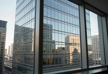 A high-rise view from a North American / US city office window, bright morning light reflecting off clean glass surfaces, sophisticated and clean mood.