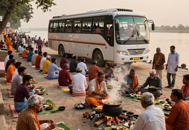 A vibrant bus filled with happy travelers visiting a famous temple in South India during a spiritual tour.