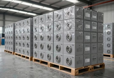 A clean, modern warehouse in East Asia / China showing boxed WanLi Bearing products ready for shipment. The lighting is bright and professional, utilizing the Cloud Gray palette.