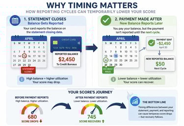 Credit card reporting timing example showing statement balance reported before payment causing tempo