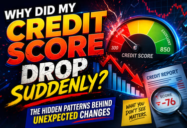 Colorful dynamic graphic showing a sharp drop in credit score with downward arrow, credit gauge, and