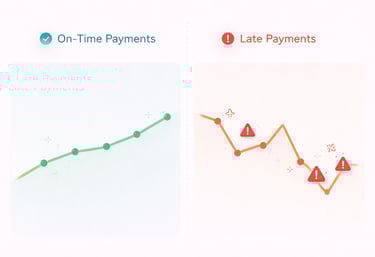comparison visual showing consistent on-time payments versus disrupted payment patterns with late pa