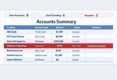 example credit report showing negative item such as late payment or collection account