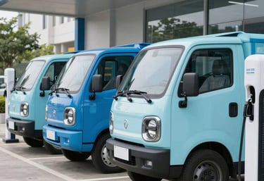 A fleet of electric delivery trucks parked neatly at a modern charging station, blue and pale blue accents, clean international style.