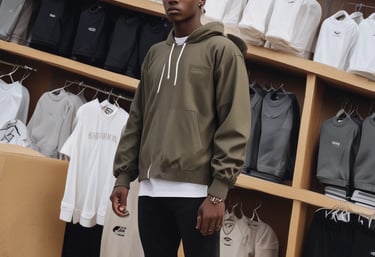 Close-up of a sleek black hoodie with subtle branding, draped over a modern chair in a minimalist room.