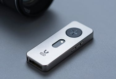 A professional photography shot of a sleek encrypted security token on a gray minimalist surface with soft blue ambient lighting.
