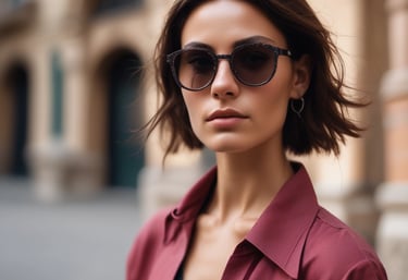 A sleek, minimalist office space with natural light highlighting elegant eyewear displays.