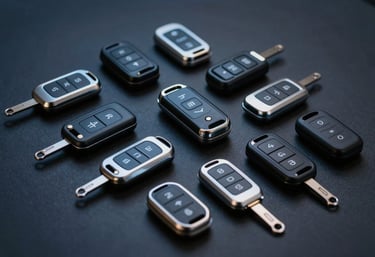 A collection of various high-tech car transponder keys and remotes arranged neatly on a dark charcoal navy surface, lit with professional studio lighting that creates light steel blue highlights.