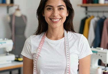 Modista sonriente en su taller con el metro colgando del cuello