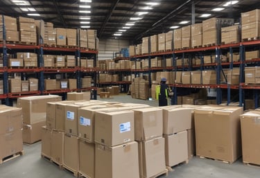 A friendly delivery driver handing over a box of cleaning supplies to a smiling school custodian outside a brick building.