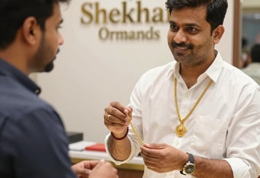 Close-up of a gold necklace with delicate diamond accents resting on soft beige fabric.