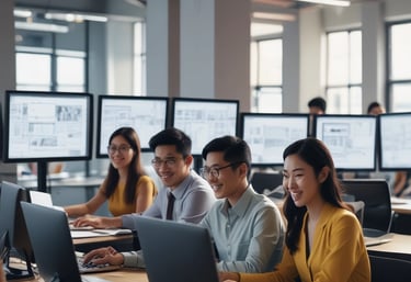 A friendly team brainstorming ideas around a table with laptops and coffee in a bright office.