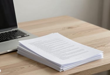 Minimalist office desk with elegant documents and soft natural light highlighting a closed laptop.