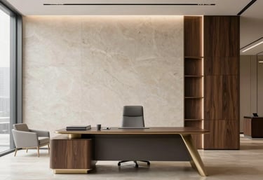 Elegant office space with minimalist design and subtle lighting reflecting professionalism.