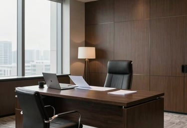 Elegant office space with minimalist design reflecting sophistication and discretion.