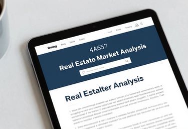 A top-down view of a tablet displaying a professional blog about real estate market analysis, with clean typography and a color scheme of #4A6572 and #FFFFFF.