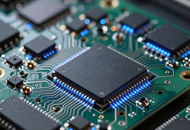 Modern high-speed electronic components and circuit boards illuminated with soft blue LED lights, showing precision and high-tech expertise.