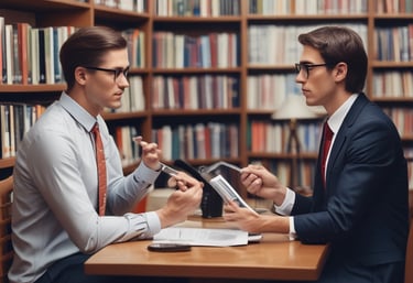 A friendly lawyer consulting with a client in a cozy office setting.