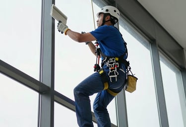 Worker performing regular window maintenance on a modern office building.
