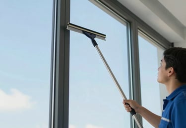 A professional cleaner washing a large glass window on a sunny day.