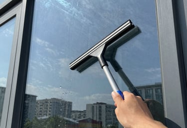 A professional cleaner washing a large glass window on a sunny day.