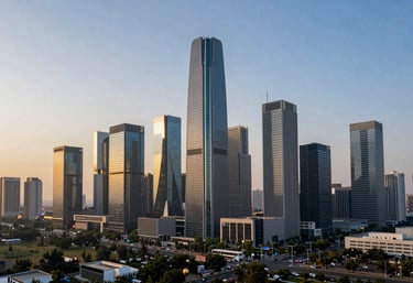 A panoramic view of the modern Cyber Hub skyline in Gurugram during the golden hour, symbolizing business growth and prosperity.