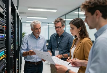A group of professional engineers in smart casual attire discussing a blueprint near a digital server rack in an Uruguayan corporate office, modern lighting.