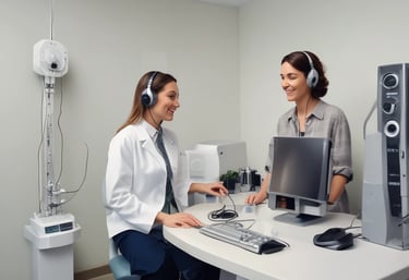 Audiologist conducting a hearing test with a patient using headphones.
