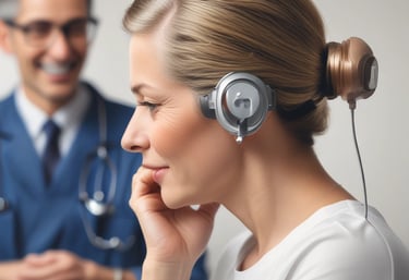 Audiologist conducting a hearing test with a patient in a soundproof room.