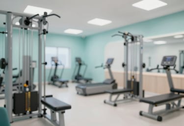 Detail of a modern rehabilitation gym within the clinic, featuring high-quality exercise tools and soft teal (#A0CAC7) branding.