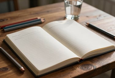 A journal open on a wooden desk with high-quality colored pencils and a glass of water, bathed in soft morning light in a US setting.