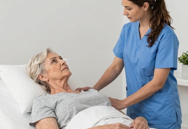 Active elderly woman doing gentle balance exercises in a bright, airy room.