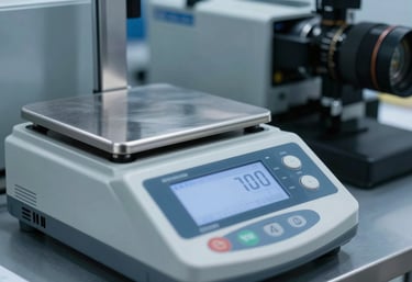 Close-up of a digital scale and professional labeling machine in a logistics center, Steel Blue and Muted Blue-Gray color tones, crisp focus.