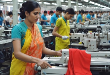 A vibrant workshop with skilled tailors stitching colorful garments in a bright, modern factory.