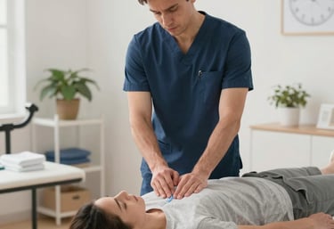 A friendly physical therapist guiding a patient through a gentle stretching exercise in a bright, welcoming clinic room.