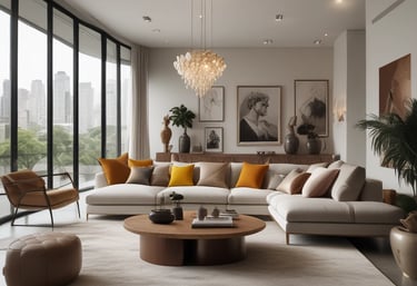 Elegant showroom with curated Brazilian high-end furniture and decor pieces, bathed in natural light.