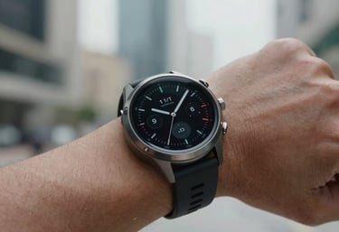 Close-up of a high-tech smart watch on a wrist, displaying a minimalist data-driven dashboard, in a modern Gulf urban setting.