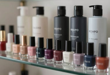 A collection of luxury nail polish bottles and hair care products arranged neatly on a glass shelf. The colors reflect #262A2D and #F2F4F7 accents.