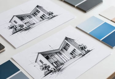 A series of high-end architectural sketches and color swatches in slate and sky blue on a clean white desk. Professional North American / International design process photography.