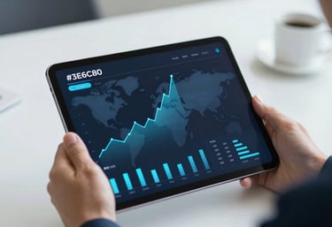 A close-up of a digital tablet displaying high-growth sales data and maps, held by a professional in a corporate setting. Clean, high-tech aesthetic with blue #3E6C8C accents.