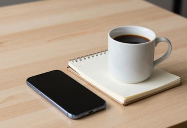 A clean and organized desktop featuring a white ceramic coffee mug, an open notepad with neat notes, and a high-end smartphone on a light wood surface.