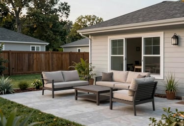 A peaceful photography shot of a shared outdoor patio or backyard area in a North American home, with simple, modern outdoor seating and clean landscaping, conveying a sense of serenity.