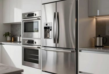 An interior shot of a contemporary, high-end kitchen with built-in stainless steel appliances and white cabinetry in a Middle Eastern home.