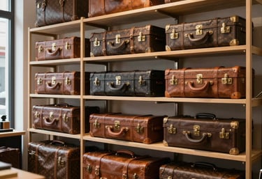 Interior of a sophisticated luggage repair studio in a European city. Organized shelves with classic leather travel trunks and modern luxury suitcases. Clean, timeless, professional aesthetic.