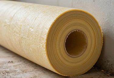 Roll of rigid foam insulation board leaning against a wall at a construction site, natural daylight, material cross-section visible, no people