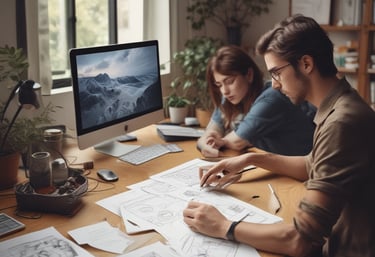 Creative workspace with designers collaborating on digital and print projects in a modern studio.